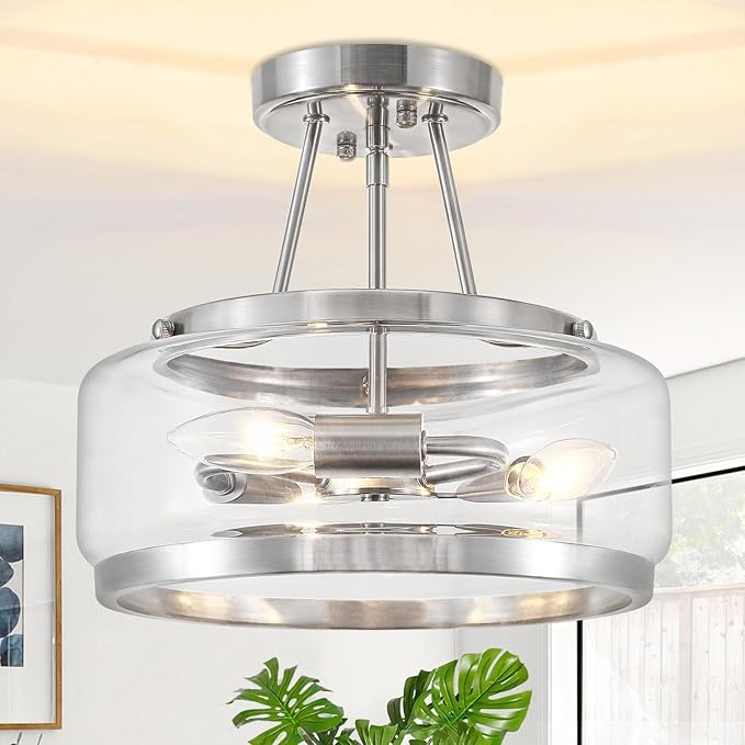 Brushed Nickel Modern Ceiling Lights 3-Light Hallway Light Fixtures Semi Flush Mount Kitchen Ceiling Lighting Drum Glass Entryway Chandelier for Bathroom Foyer Laundry Dining Room Bedroom