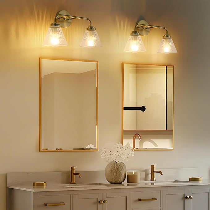 Modern Bronze Bathroom Vanity Light, 2-Light Wall Sconce with Clear Ribbed Glass Shades, Farmhouse Industrial Light Fixture for Bathroom, Vanity Mirror, Powder Room, Hallway (bronze, Eletroplate, 2)