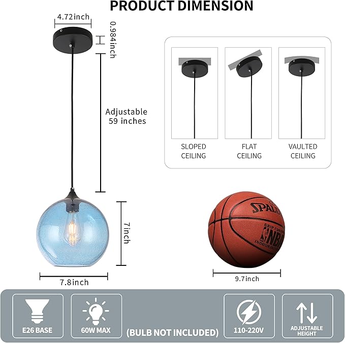 Blue Glass Pendant Lights Kitchen Island Lighting Modern Globe Pendant Light Fixtures Modern Pendant Lights for Kitchen Island Bedroom Living Dining Room Light Fixture-7.8inch