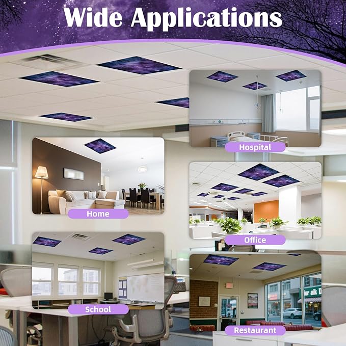 2 x 2 Feet Fluorescent Light Covers - 4 Pcs Covers for Ceiling Lights, Magnetic Light Filters for Classroom, Office, Hospitals, Home (Purple Forests & Starry Sky)