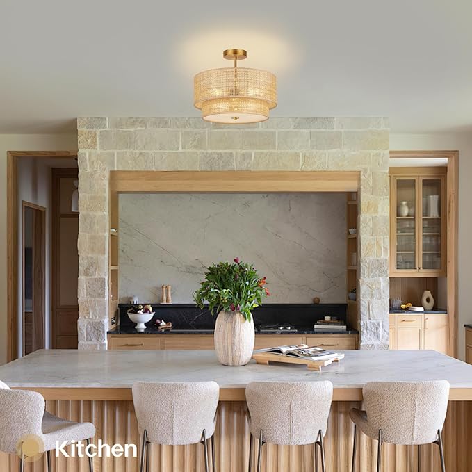 16'' Semi Flush Mount Ceiling Light Fixture, Boho Rattan Ceiling Light with 2-Tier Drum Shade, 3-Light Gold Metal Frame, Farmhouse Chandelier, Bedroom Living Room Nursery
