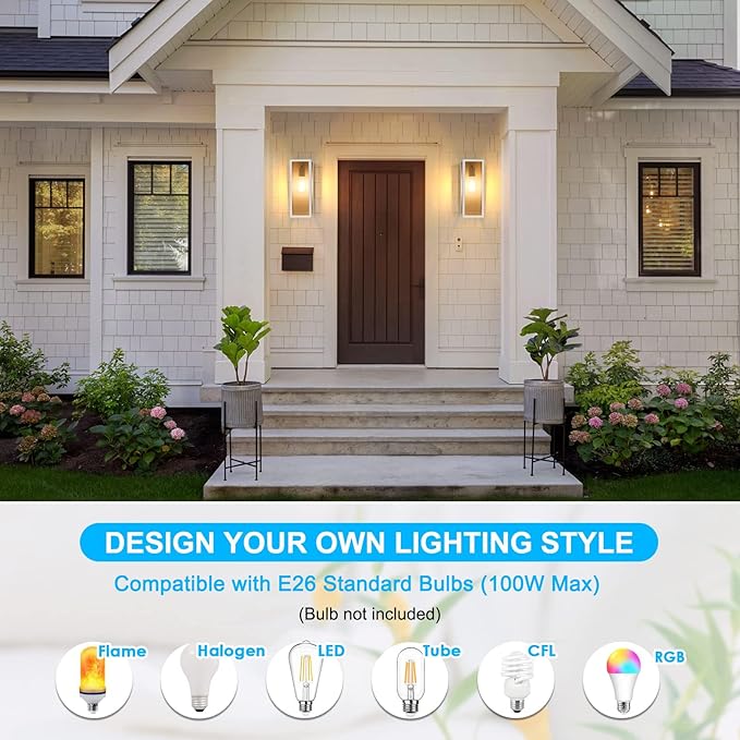 VerRon 2-Pack Outdoor Wall Lanterns, Exterior Waterproof Wall Sconce with Glass Shades, White Porch Lights Mounted, Anti-Rust E26 Modern Lighting Fixtures for Patio Garage Entryway Front Door