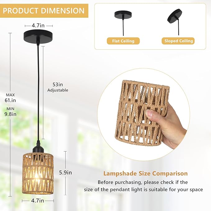 LAMSU 1-Light Rattan Pendant Lights, Boho Farmhouse Pendant Lighting with 4.7×5.9in Hand Woven Shade, Small Wicker Light Fixture Ceiling Hanging for Dining Room Kitchen, Height Adjustable up to 61in