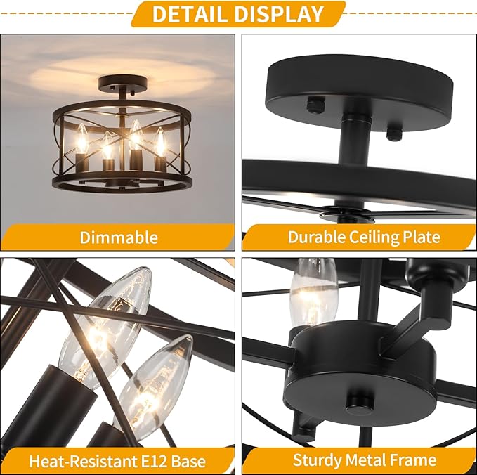 Black Semi Flush Mount Ceiling Light, 4-Light Farmhouse Modern Ceiling Light Fixture, Hallway Light Fixtures, Kitchen Lights, Ceiling Lamp for Entryway Bedroom Laundry Dining Room Lighting Fixtures