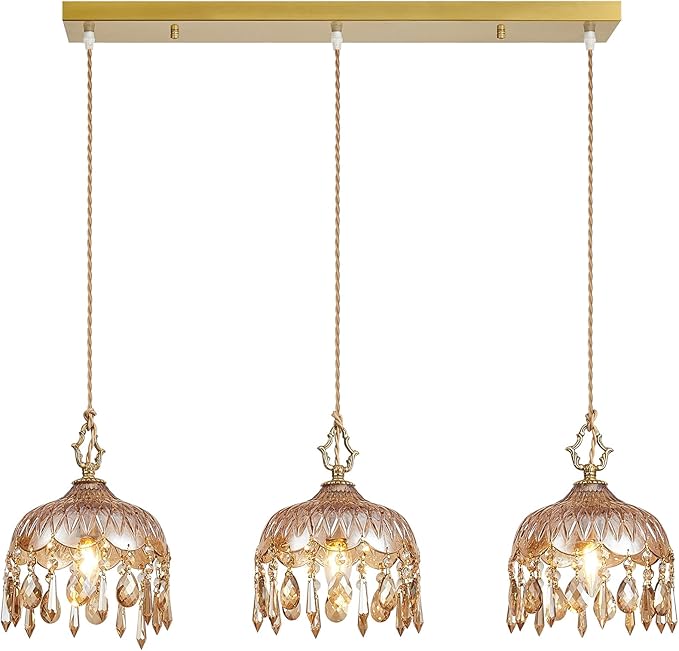 3-Light Glass Pendant Light Crystal Hanging Light Fixtures,Brass Vintage Amber Glass Pendant Lights for Kitchen Island Dining Room Living Room Bedroom Hallway(Amber,Long Chassis)