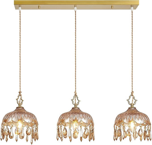 3-Light Glass Pendant Light Crystal Hanging Light Fixtures,Brass Vintage Amber Glass Pendant Lights for Kitchen Island Dining Room Living Room Bedroom Hallway(Amber,Long Chassis)