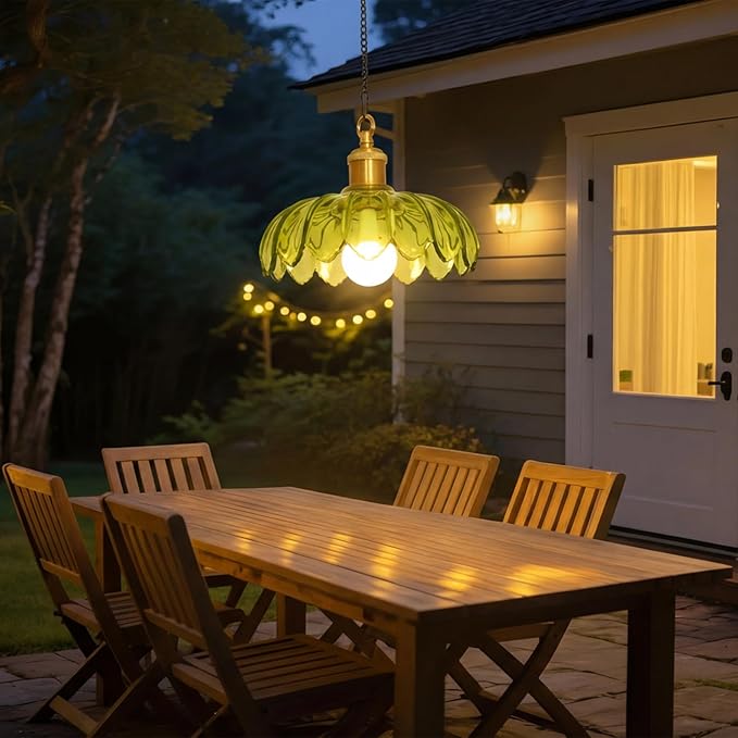 HMVPL Battery Operated Chandelier with Hook, Outdoor Battery Operated Pendant Light with Remote, Rechargeable Bulb, Green Outdoor Chandelier for Porch, Wireless Dimmable Gazebo Lamp for Patio Pergola