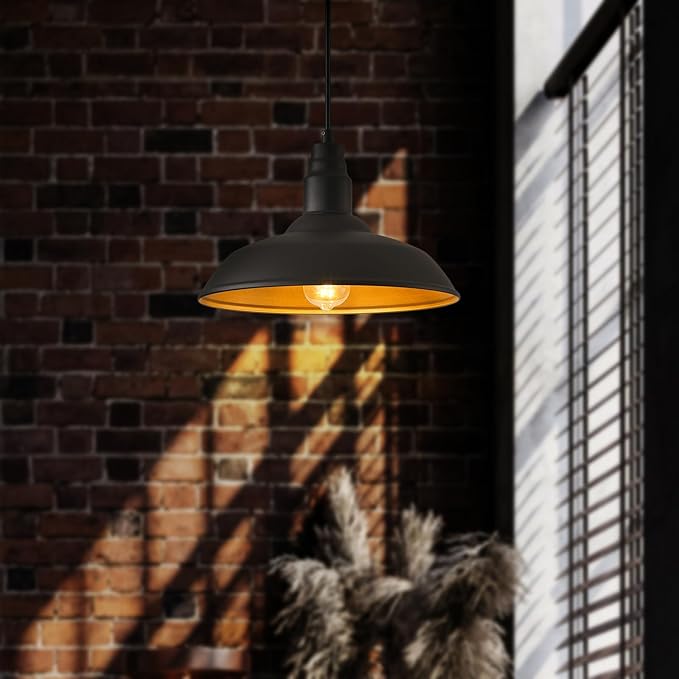 2 Pack Farmhouse Pendant Light for Kitchen, 14in Large Industrial Hanging Lights with Brass Interior, Indoor and Outdoor Ceiling Barn Lighting Fixture with Ajustable Cord for Dinning Room