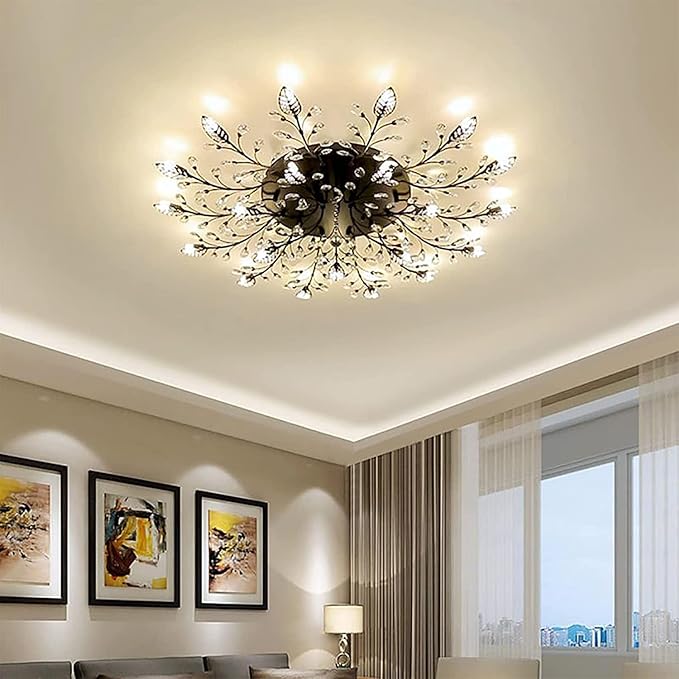 Modern Crystal Ceiling Light Fixture,Semi Flush Mount Chandeliers,Crystal Leaf Ceiling Light, Chandeliers for Dining Room,Living Room,Bedroom