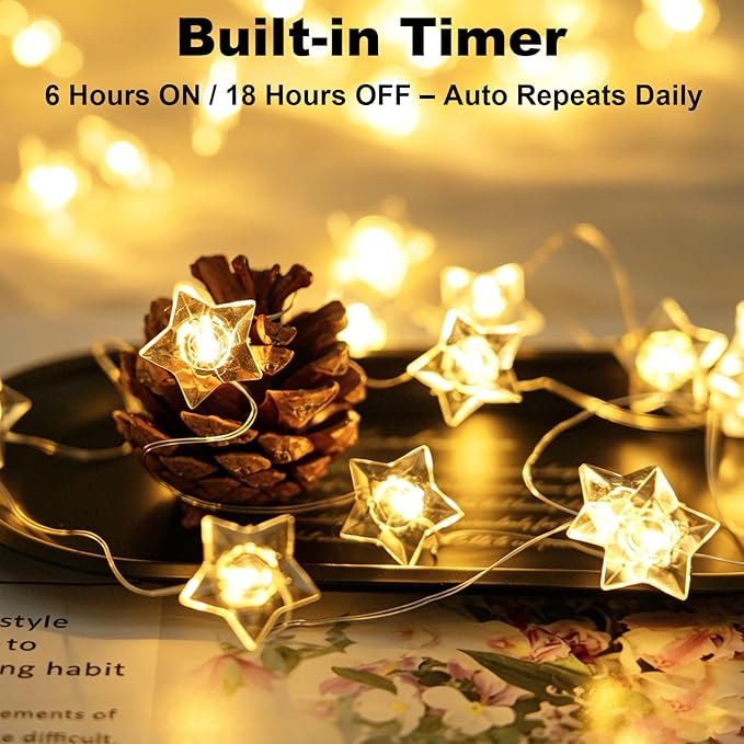 BOHON Star Fairy Lights Battery Operated 40 LED String Lights Warm White | 13 FT Warm White Star Garland Twinkle Lights for Bedroom Indoor Dorm Classroom Curtain Cute Room Wedding Decor, with Timer