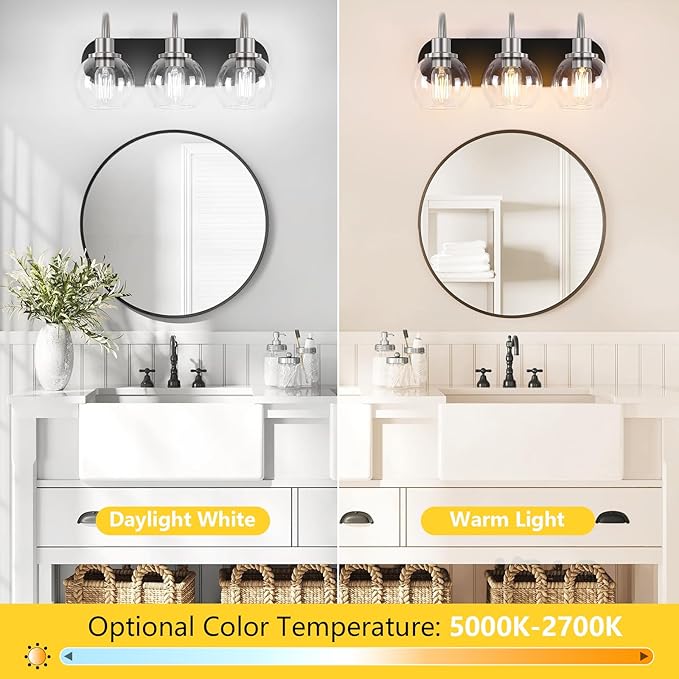 Dpyrrhic Modern 3-Light Vanity Light, Bathroom Lighting Fixture Over Mirror With Clear Glass Shade and Metal Base, Matte Black and Brushed Nickel