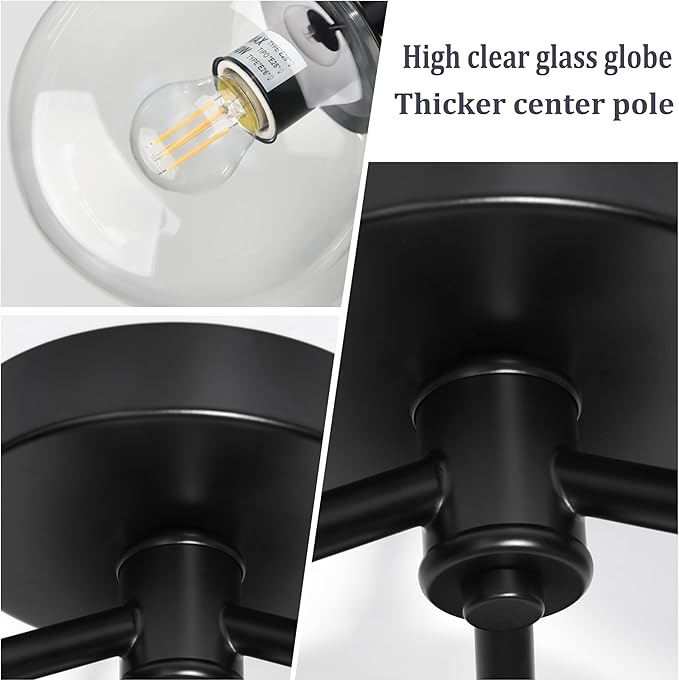 3-Light Modern Black Semi Flush Mount Ceiling Light Clear Glass Globe Ceiling Lights Mid Century Black Chandelier 3 Light Sputnik Ceilings Lights Fixture for Bedroom Hallway Entryway