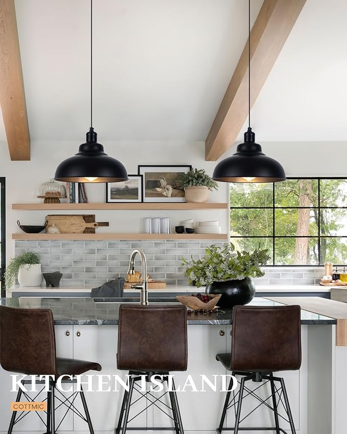 Matte Black Pendant Light, Farmhouse Pendant Lighting, 11.4in Farmhouse Pendant Lights Kitchen Island, Adjustable Height, 2 Light Industrial Pendant Light Fixtures for Dining Room, Sink, Bar