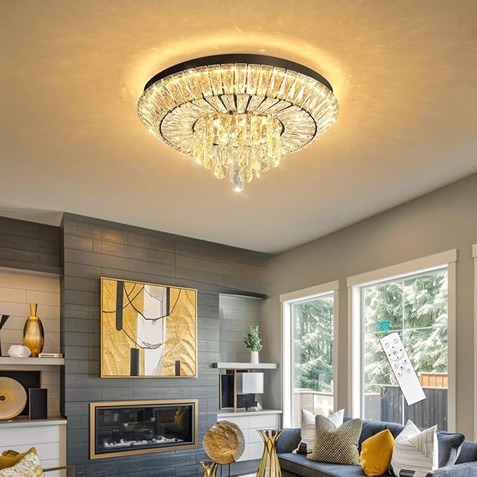Crystal Chandelier 40W Modern Round Ceiling Light Fixture LED Raindrop Chandeliers Dimmable with Remote for Dining Room Living Room Entryway Hallway Bedroom Black