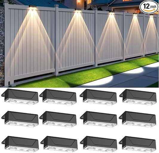 Solar Fence Lights Outdoor, IP55 Waterproof Solar Lights 3 Color Modes(3000K/4000K/6000K) Fence Light Solar Powered for Outside, Backyard, Railing, Steps, Patio and Wall Lighting（12 Pack）