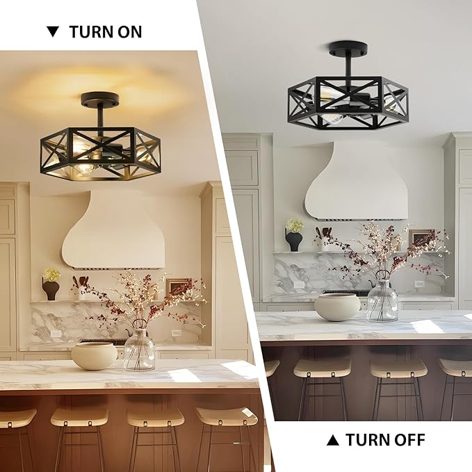 Modern Semi Flush Mount Ceiling Light,3-Light Hexagon Flush Mount Ceiling Lights for Dining Room Light Fixture,Farmhouse Black Metal Kitchen Island Lighting Fixtures for Hallway,Bathroom