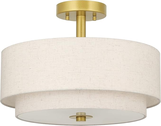 XiNBEi Lighting 3 Light Semi Flush Mount Light, Close to Ceiling Light Fixture with Fabric Shade Retro Gold Brass 16 inch Semi Flush Drum Light for Bedroom & Living Room XB-SF1289-GB