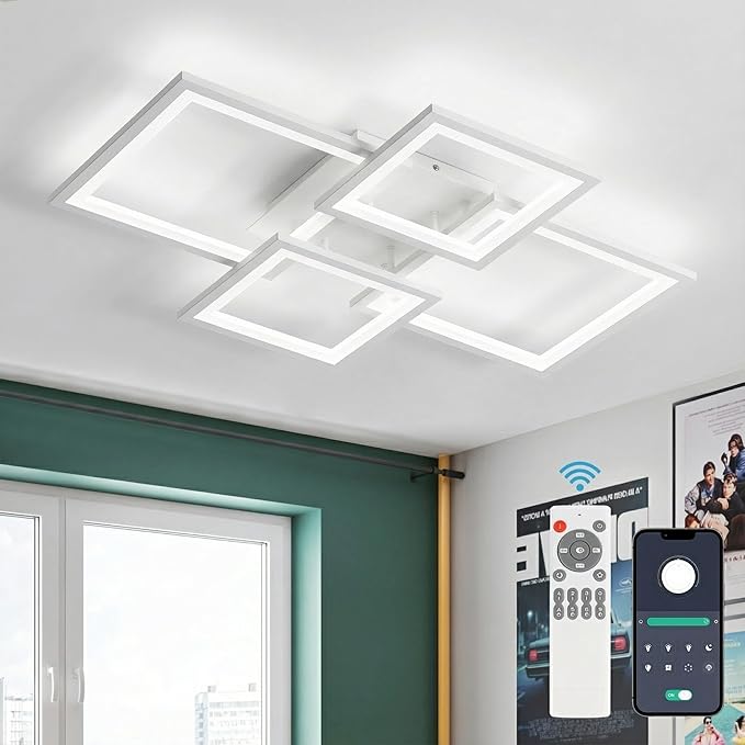 EIDISUNY Modern LED Ceiling Light, Square LED Flush Mount Ceiling Light, Dimmable Kitchen Light Fixtures with Remote&APP, Close to Ceiling Lighting Fixture for Dining Room Kitchen Living Room Bedroom