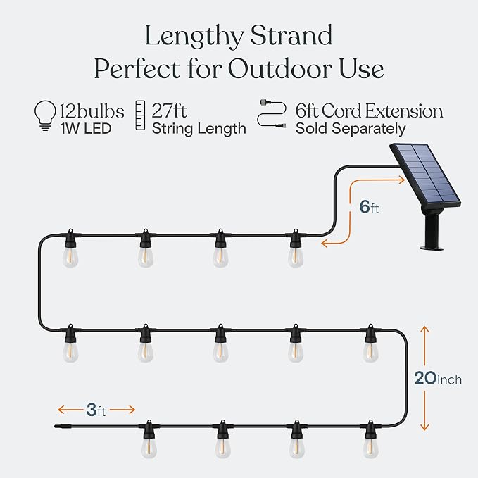 Brightech Ambience Pro Solar Powered Outdoor String Lights -27 ft Commercial Grade Waterproof Edison Patio Lights, Shatterproof LED String Lights for Outside, Porch - 12 Bulbs, 1W Soft White