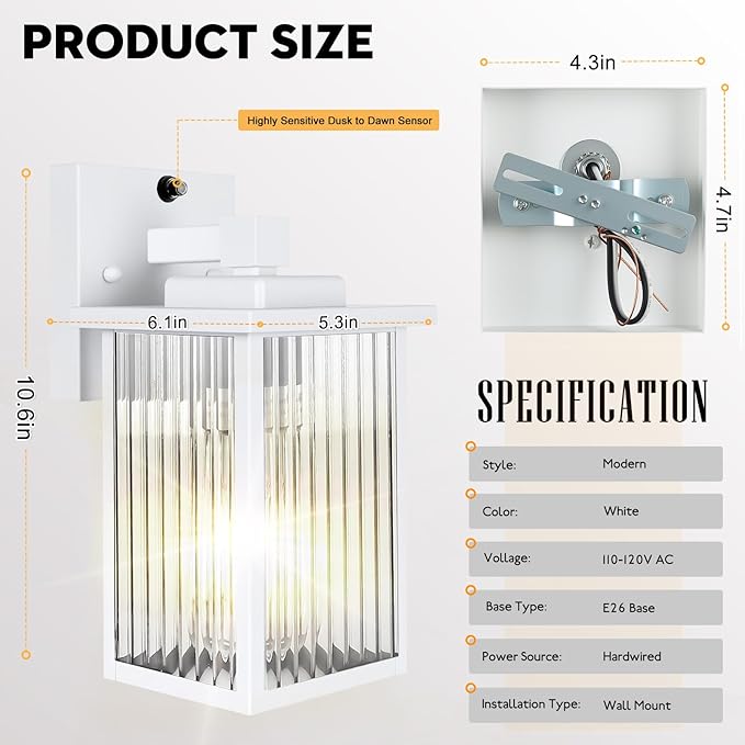 Outdoor Wall Lights for House Exterior, Dusk to Dawn Porch Lights Outdoor, Waterproof Matte Black Front Door Light Fixture & Garage Lighting with Wall Mount Sconce(White)