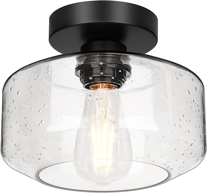Industrial Semi Flush Mount Ceiling Light, 800 Lumen LED Bulb Included, Seeded Glass Shade Farmhouse Light Fixture for Hallway Corridor Kitchen Bathroom Bedroom Passway