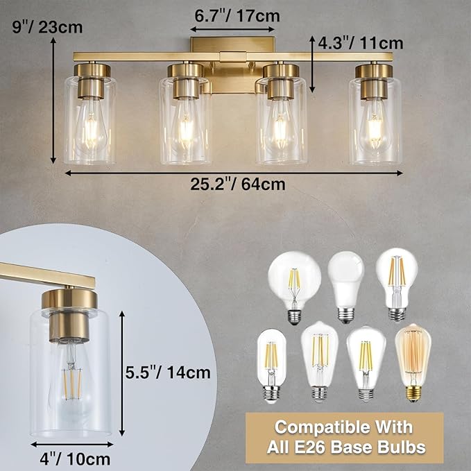 4-Light Bathroom Light Fixtures, Gold Modern Vanity Lights Over Mirror, Bathroom Wall Sconces with Clear Glass Shade for Living Room Bedroom Hallway Cabinet Porch