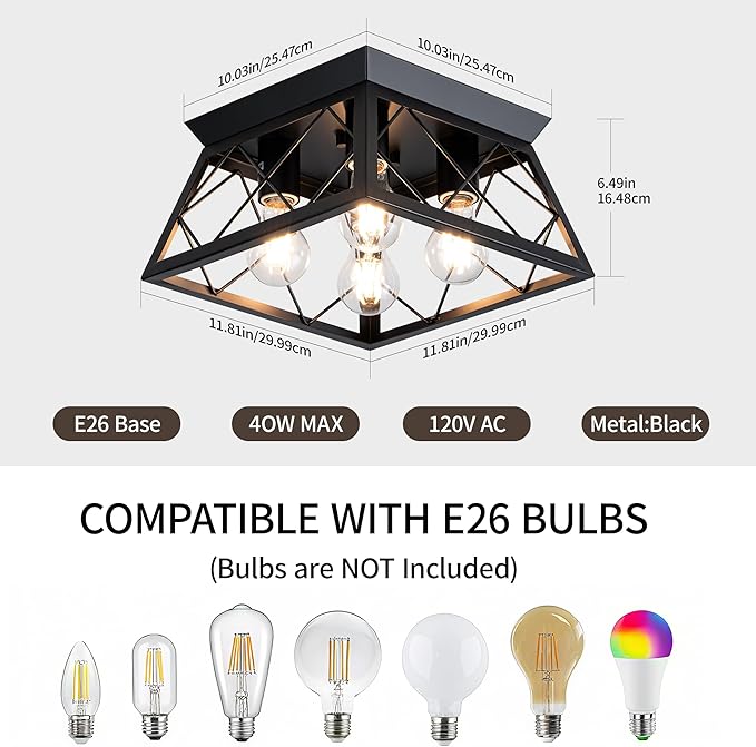 4-Lights Close to Ceiling Light, Black Industrial Ceiling Light Fixture for Dining Room, Kitchen, Living Room, Hallway, Entry, Laundry - E26 Base (No Bulb)
