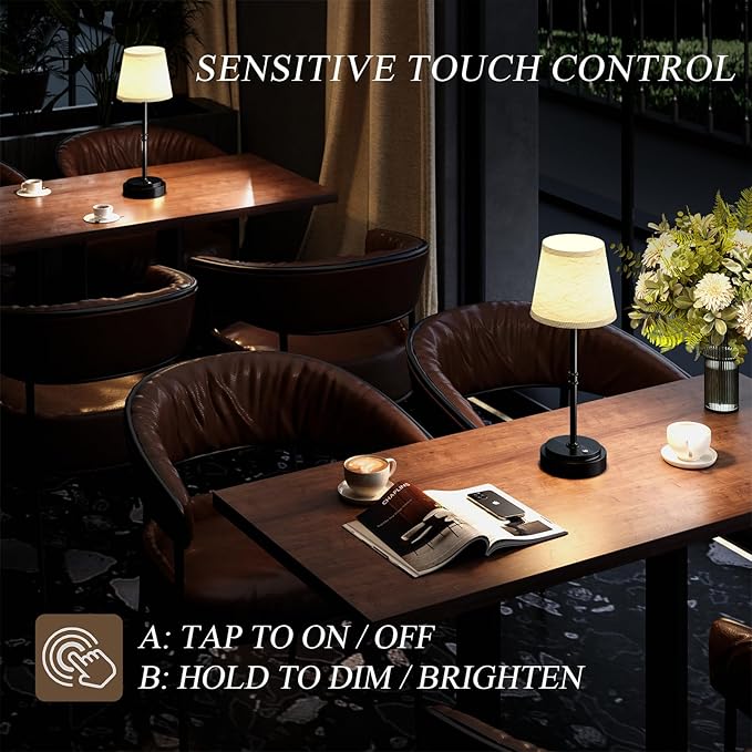 Cordless Table Lamp Rechargeable Black - 2 Pack 7500mAH Battery Operated Lamp for Decor, 3000K Stepless Dimming Touch Control Wireless Lamp for Bedroom, Dining Table, Counter, Living Room