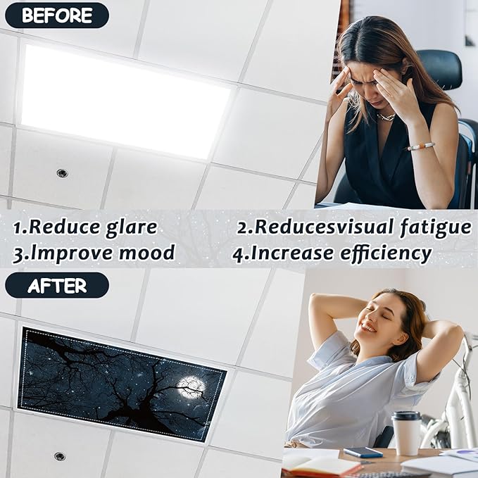Wiooffen 6 Pcs Fluorescent Light Covers with 60 Magnets Decorative for Classroom Ceiling Light 4 x 2 Ft Magnetic Light Cover Filter Easy Install for Office Hospital Home Ceiling Supplies (Dark Forest)