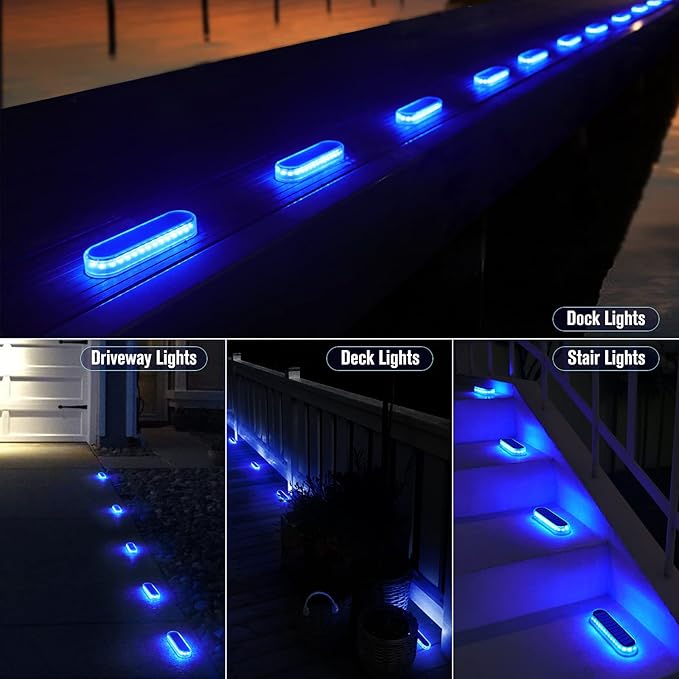Honalia Solar Dock Deck Lights Outdoor, 6 Pack Blue Solar Step Lights, IP68 Waterproof Solar Powered Driveway Lights for Stair, Sidewalk, Garden, Pathway, Patio, Walkway, Pool