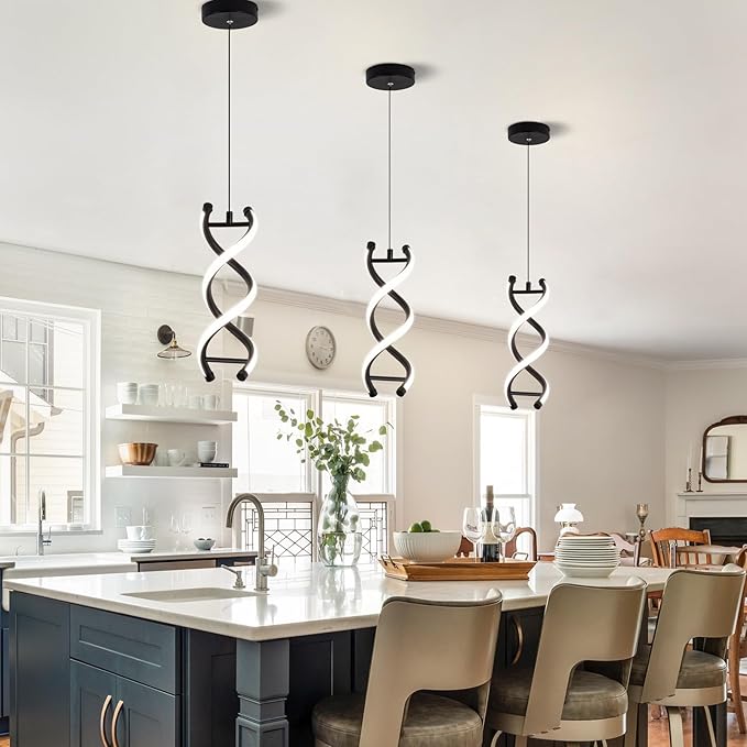 CANEOE Spiral Led Pendant Light Fixtures,3000K-6000K Dimmable Modern Integrated LED Pendant Lamp, Adjustable Height Kitchen Hanging Light Fixture for Living Room Bedroom Kitchen Sink, 1 Pack (Black)