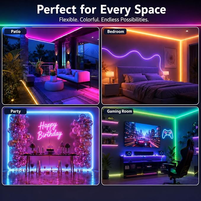 Neon Rope Lights - 66Ft Flexible LED Rope Lights,24V RGB Rope Lights Control with App/Remote Multiple Modes,DIY Design, IP65 Waterproof Strip Lights for Bedroom Room Outdoors Decor(33FT*2)