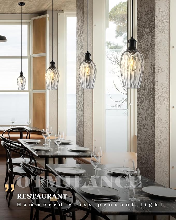 Pendant Lights Kitchen Island, 6.3” Black Blown Glass Pendant Lights 1-Pack, Farmhouse Pendant Light with Clear Hammered Glass, Modern Kitchen Pendant Light for Dining Room, Bathroom, Cafe