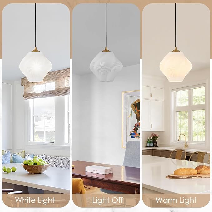 Milk White Glass Pendant Light, Mid Century Modern Ceiling Hanging Lights Fixture with Height Adjustable, Brass Gold Pendant Lighting for Kitchen Island, Hallway, Dining Room, Bedroom(2 Pack)