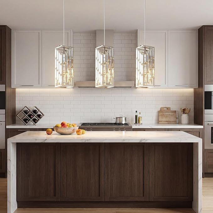 Brushed Nickel Pendant Lighting Modern Pendant Light, Mini Crystal Chandeliers,Adjustable Pendant Light Fixture for Kitchen Island Dinning Room Bedroom (1 Pack)