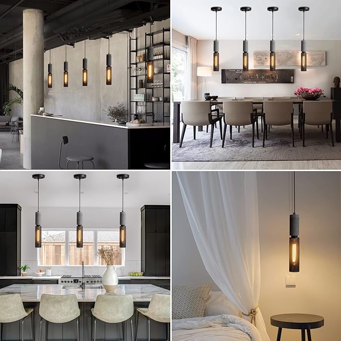 Concrete Linear Pendant Light with a Metal Mesh Shade,Modern Industrial Hanging Cement Pendant Lighting Fixture for Kitchen Island Dinning Room Bedroom(Black 2-Pack)