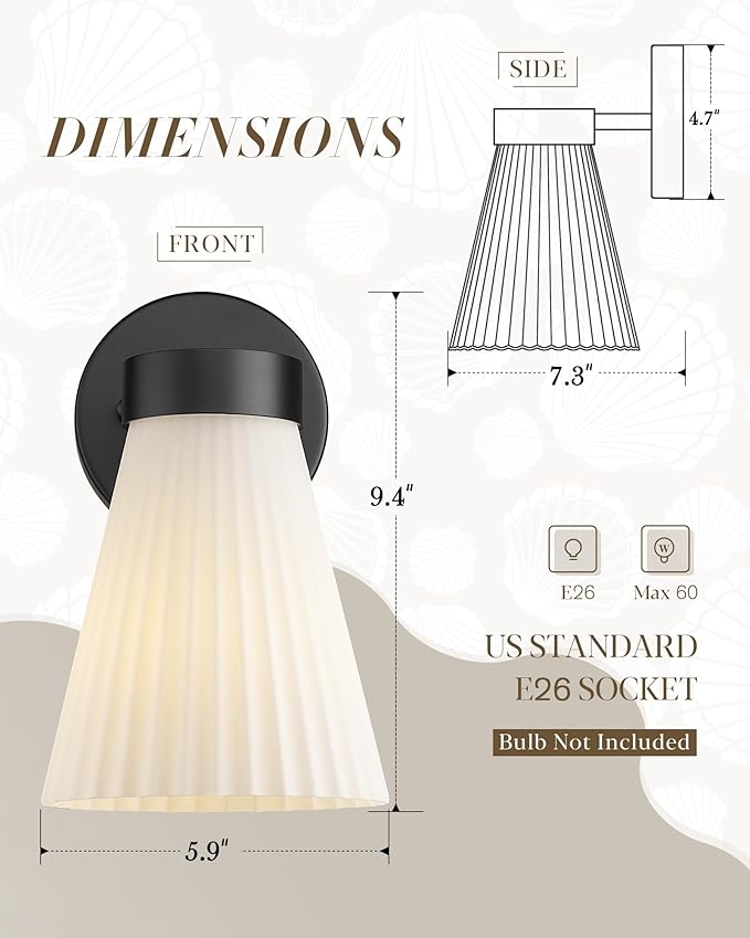 Indoor Wall Light Fixture, HWH Modern Wall Sconce Vanity Light with Frosted White Striped Glass Shade, Matte Black Single Wall Sconce for Bathroom Bedroom, 5HZG97B BK