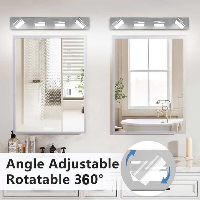 LED Modern Bathroom Vanity Light Fixtures, 4-Light 28-inch Dimmable Chrome Vanity Lights for Bathroom Lighting Fixtures Over Mirror, with 360° Rotatable Heads (Cool White 6000K)