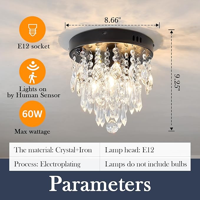 YYJLX Indoor Motion Sensor Ceiling Light Modern Crystal Chandelier Black Mini Flush Mount Light Fixture for Hallway Closet Porch Hall Front,3 Light E12.