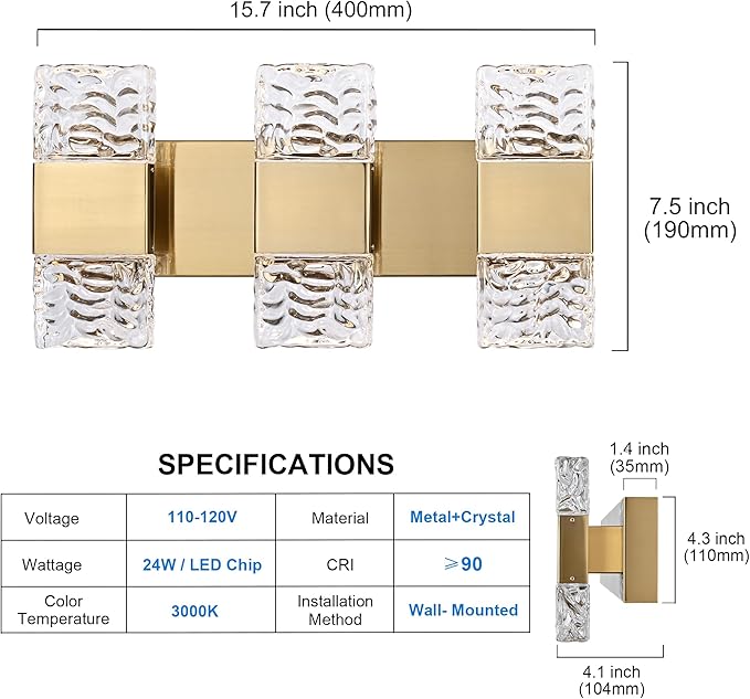 MELUCEE LED Bathroom Vanity Light 24W, 3-Light Modern LED Vanity Light Bar with Crystal Column Brass Bathroom Lights Over Mirror Crystal Wall Sconce Restroom Lighting Fixtures, 3000K Warm Lighting