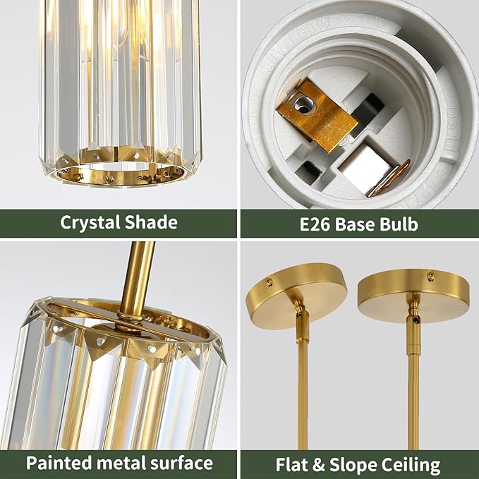 Gold Modern Pendant Light for Kitchen Island, 1-Light Mini Crystal Chandelier with E26 Base, Small Hanging Luxury Fixture for Dining Room, Bedroom, Foyer and Hallway