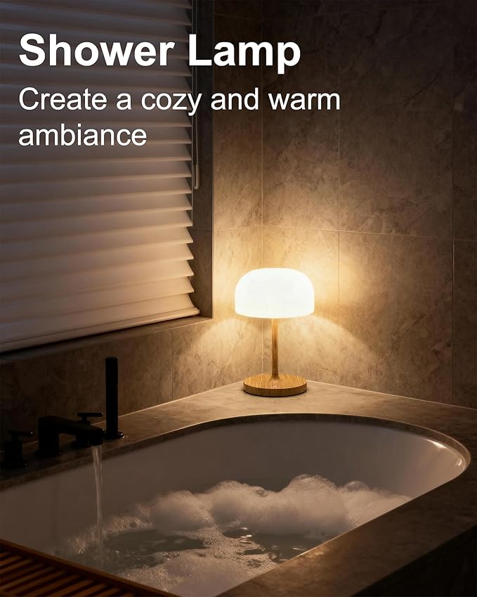 VoMii Mushroom Lamp, 9” Cordless Table Lamp Waterproof Shower Lamps with 4000mAh Battery Rechargeable & 3 Color Temperatures, Dimmable LED Night Light for Bathroom, Bedroom & Home Decor - Wood Grain