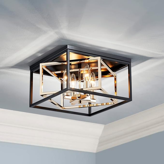 AGV LIGHTING CL035G Modern Flush Mount Ceiling Light Fixture, Close to Ceiling Light, E12 Base 3-Lights, L12 x W12 x H7, Matte Black & Shine Gold Finish