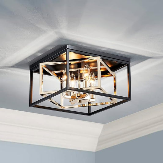 AGV LIGHTING CL035G Modern Flush Mount Ceiling Light Fixture, Close to Ceiling Light, E12 Base 3-Lights, L12 x W12 x H7, Matte Black & Shine Gold Finish
