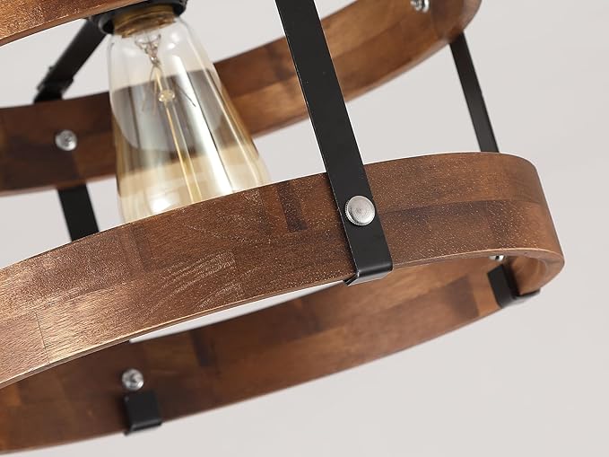 Rustic Farmhouse Wood Flush Mount Ceiling Light Fixture 1 Light Oak Wood and Metal Round Drum Semi Flush Mount Ceiling Light for Kitchen Hallway Entryway Bedroom Farmhouse Country, Black