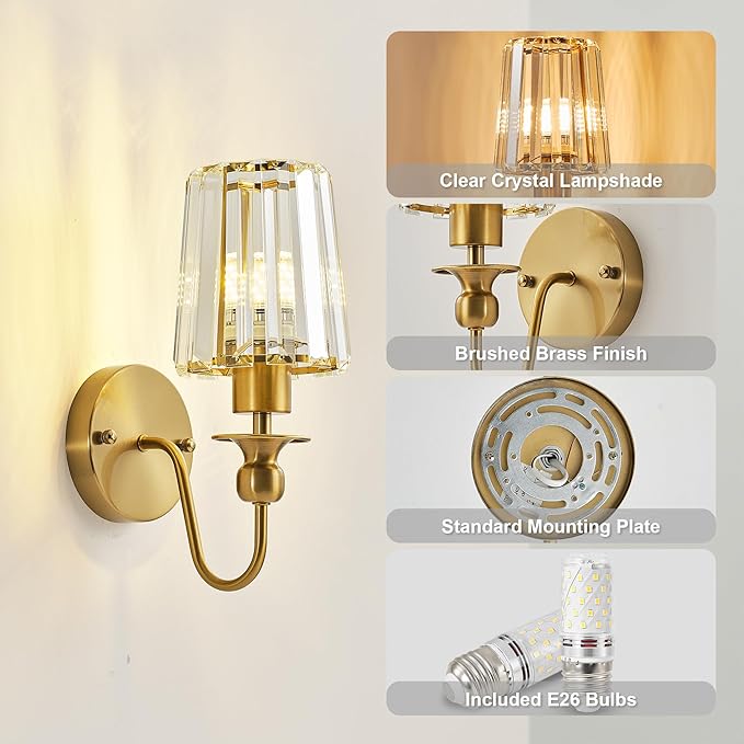 KARTOOSH Hardwired Crystal Wall Sconces Set of Two - Dimmable Wall Light Fixtures 3000K, Warm White, for Hallway, Bathroom, Living Room, Bedroom, Brass, 11.2 Inch