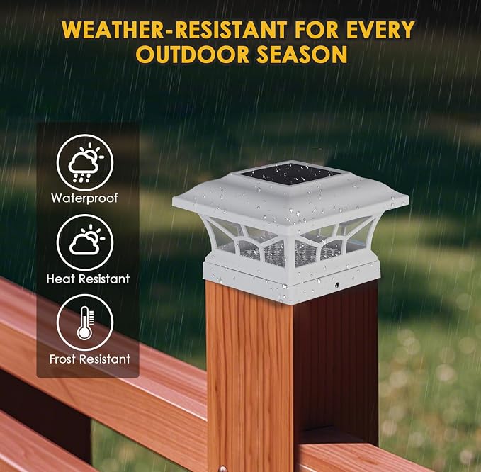 2 Pack Solar Post Cap Lights Outdoor Waterproof, Fits 4x4, 5x5, 6x6 Wooden & Vinyl Fence Decks with Warm & Cool White Light Modes (Classic White, 2)