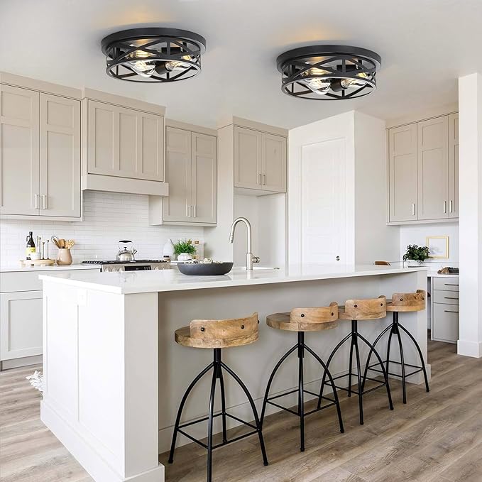 13 inch Black Flush Mount Ceiling Light Fixtures,3-Light Industrial Farmhouse Ceiling Light Fixture，Black Light Fixture Ceiling Mount for Kitchen Bedroom Living Room Hallway 1 Pack