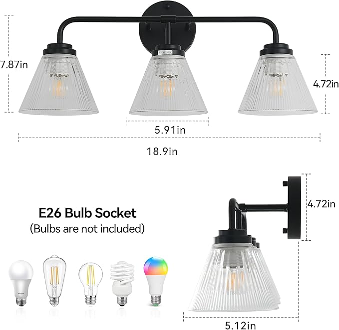 Modern Black Bathroom Vanity Light, 3-Light Wall Sconce with Clear Ribbed Glass Shades, Farmhouse Industrial Light Fixture for Bathroom, Vanity Mirror, Powder Room, Hallway (black, Powder Coated, 3)