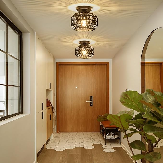 2 Pack Farmhouse Light Fixtures Ceiling Mount,Mini Rattan Boho Semi Flush Mount Ceiling Light,Hand Woven Hallway Light Fixtures for Bedroom Entryway